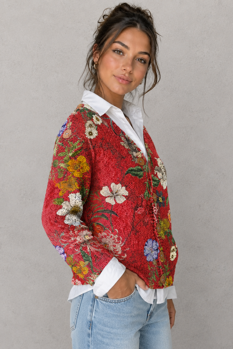 Women's floral knit open-front cardigan in a soft knitted fabric with a relaxed fit, featuring an elegant floral pattern, long sleeves, and a lightweight design for comfortable everyday layering during cooler seasons.
