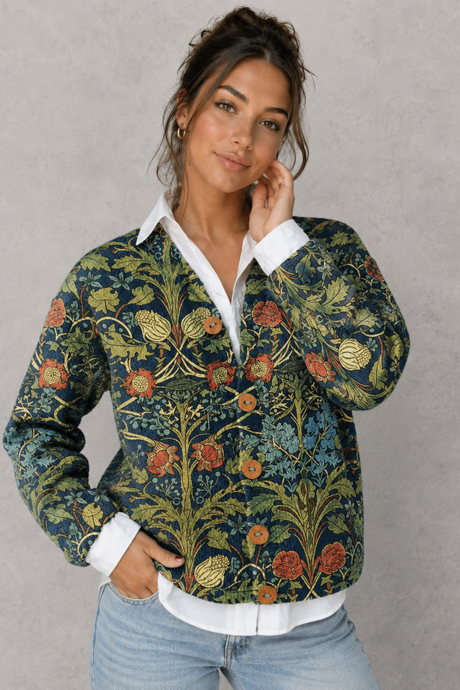Women's floral knit open-front cardigan in a soft knitted fabric with a relaxed fit, featuring an elegant floral pattern, long sleeves, and a lightweight design for comfortable everyday layering during cooler seasons.