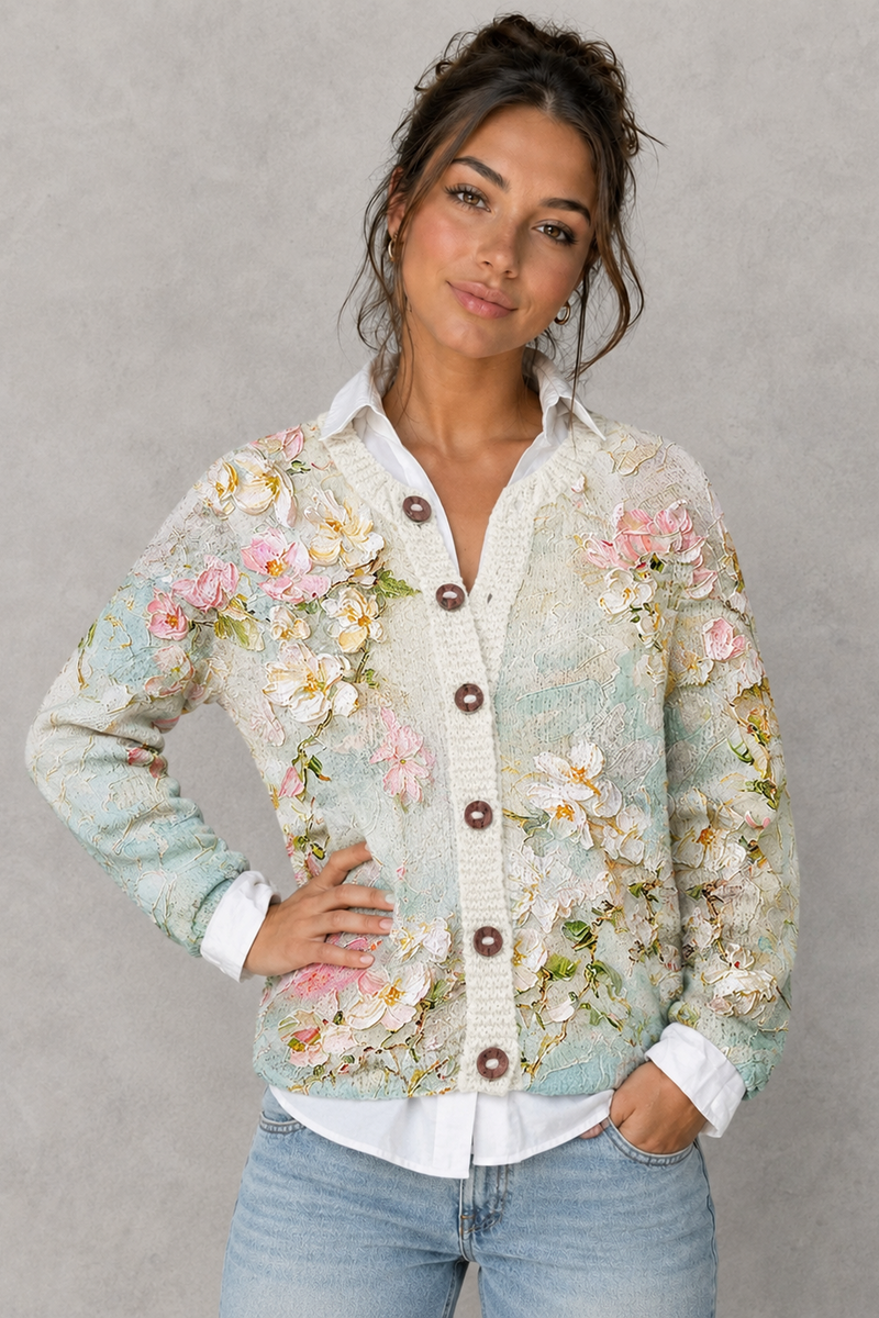 Women's floral knit open-front cardigan in a soft knitted fabric with a relaxed fit, featuring an elegant floral pattern, long sleeves, and a lightweight design for comfortable everyday layering during cooler seasons.