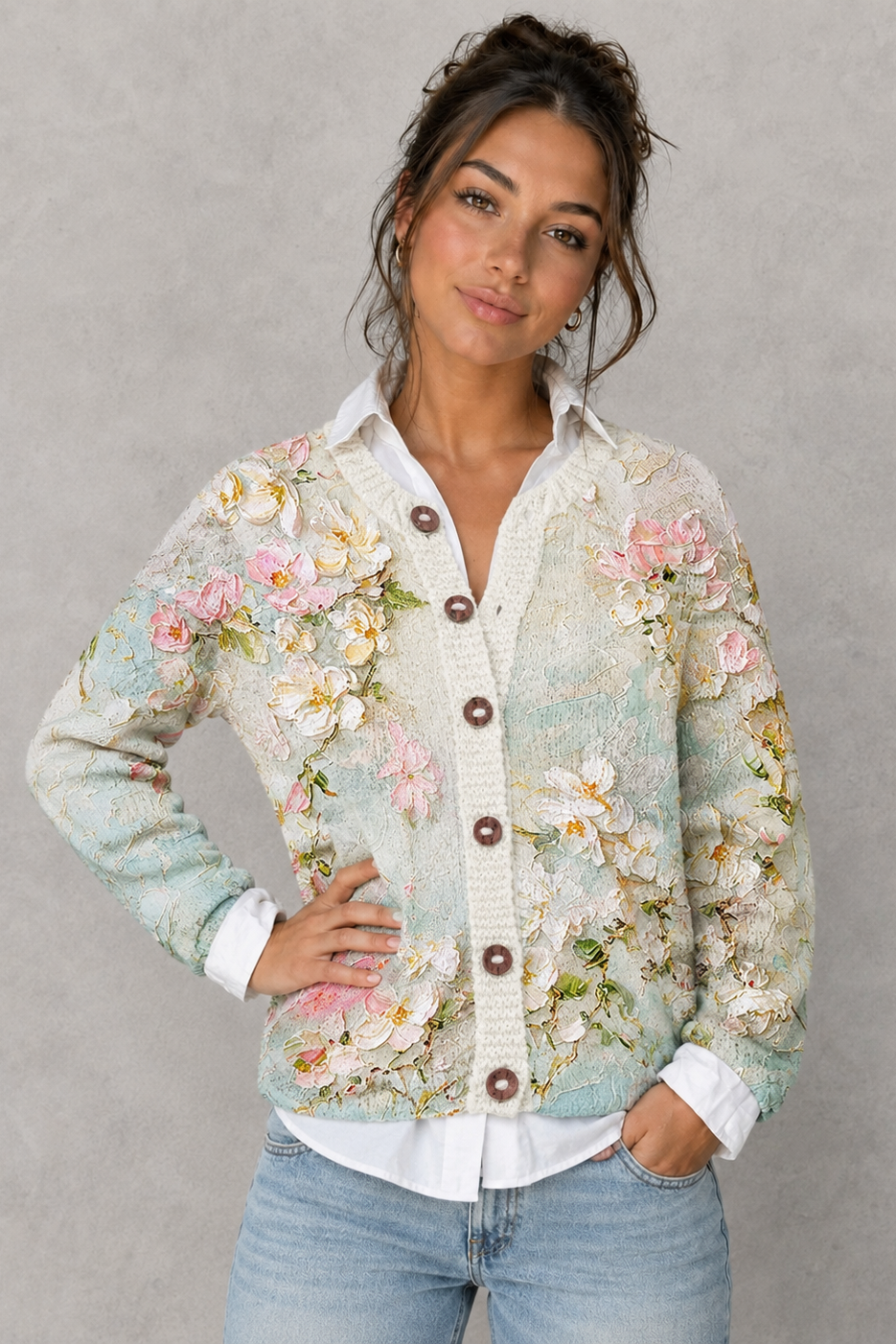 Women's floral knit open-front cardigan in a soft knitted fabric with a relaxed fit, featuring an elegant floral pattern, long sleeves, and a lightweight design for comfortable everyday layering during cooler seasons.