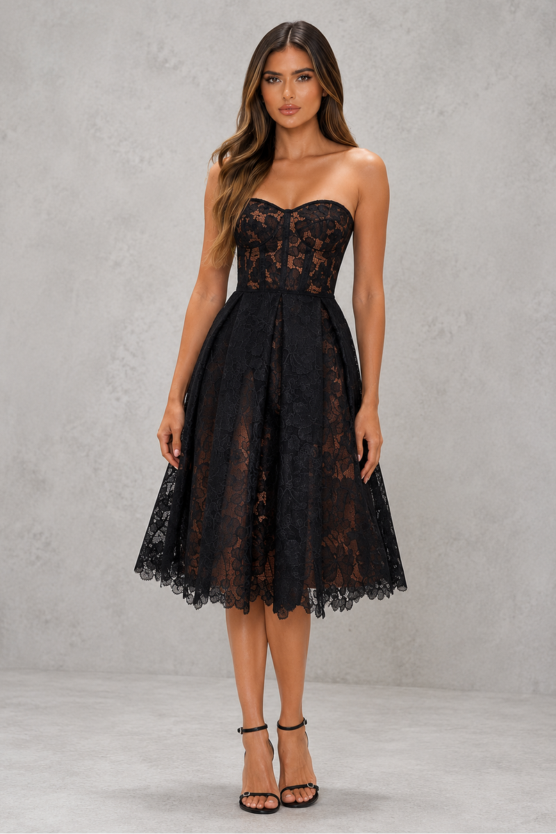 Women’s Floral Lace Midi Dress with Corset Bodice for Evening & Formal Wear