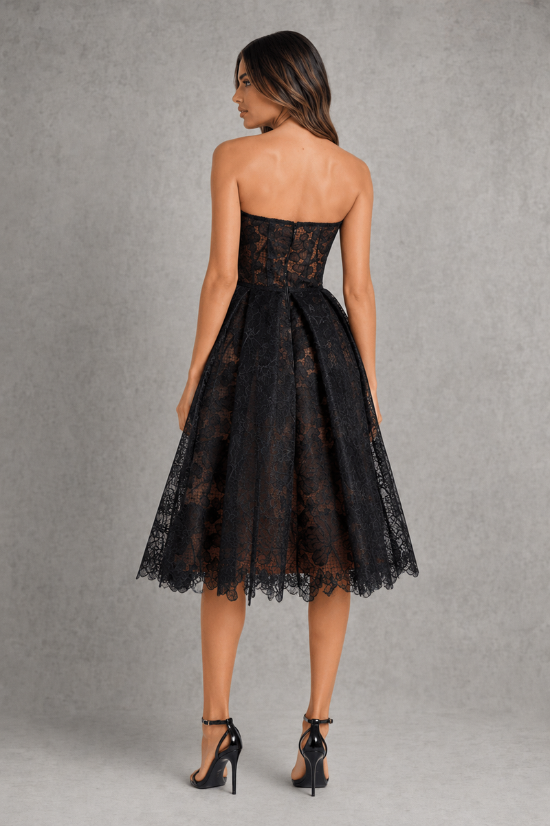 Women’s Floral Lace Midi Dress with Corset Bodice for Evening & Formal Wear