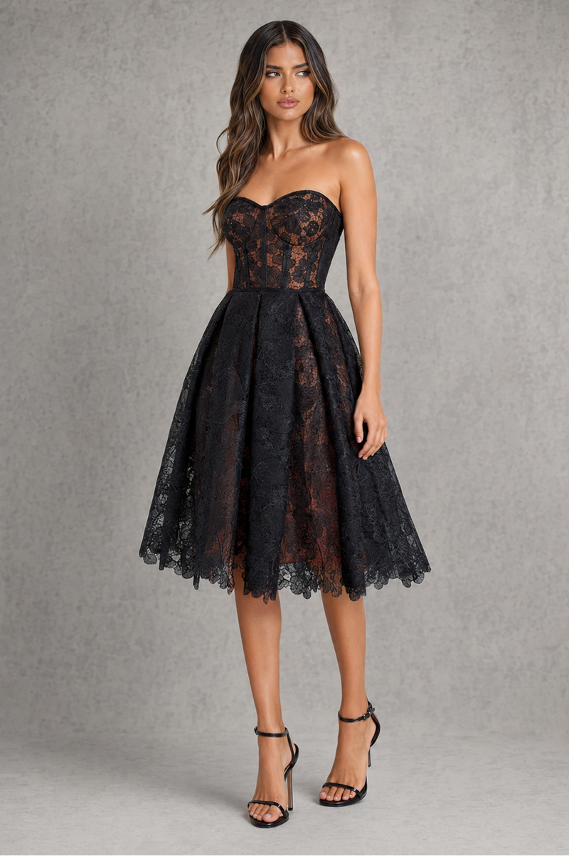 Women’s Floral Lace Midi Dress with Corset Bodice for Evening & Formal Wear