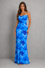 Women’s Floral Ruched Maxi Dress with Draped Neckline for Wedding & Evening Wear