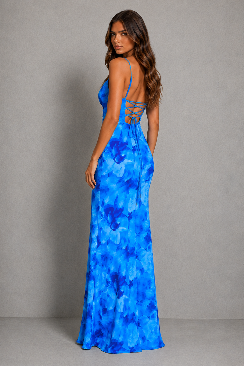 Women’s Floral Ruched Maxi Dress with Draped Neckline for Wedding & Evening Wear
