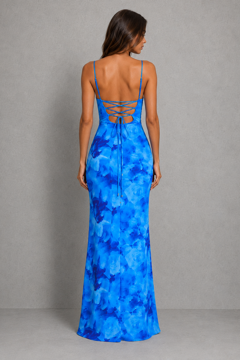 Women’s Floral Ruched Maxi Dress with Draped Neckline for Wedding & Evening Wear
