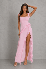Women’s Floral Ruched Maxi Dress with Ruffle Detail for Wedding & Occasion Wear