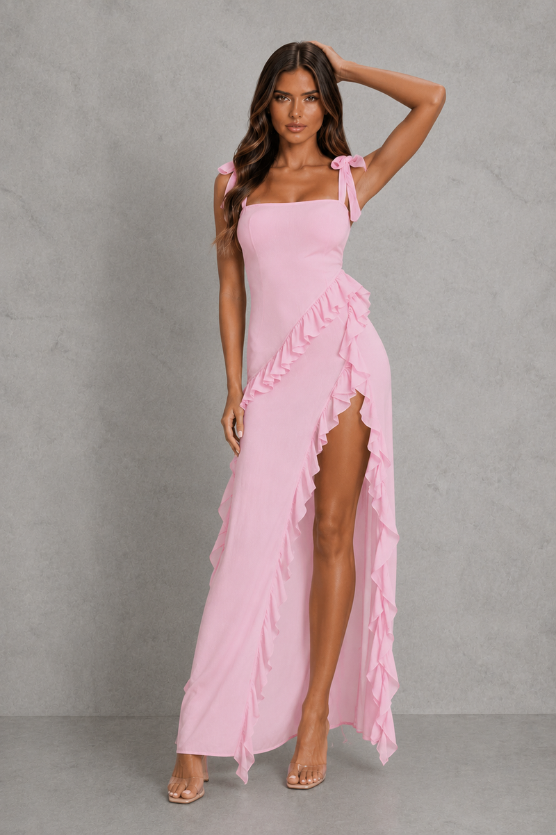 Women’s Floral Ruched Maxi Dress with Ruffle Detail for Wedding & Occasion Wear