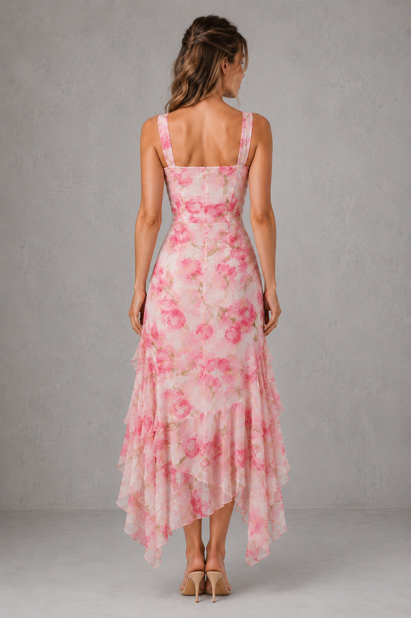 Women’s Floral Ruched Maxi Dress with Ruffle Detail for Wedding & Occasion Wear