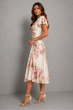 Women’s Floral Wrap Midi Dress with Flutter Sleeves for Wedding & Occasion Wear