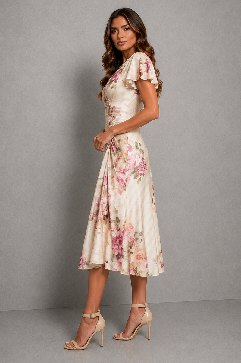 Women’s Floral Wrap Midi Dress with Flutter Sleeves for Wedding & Occasion Wear