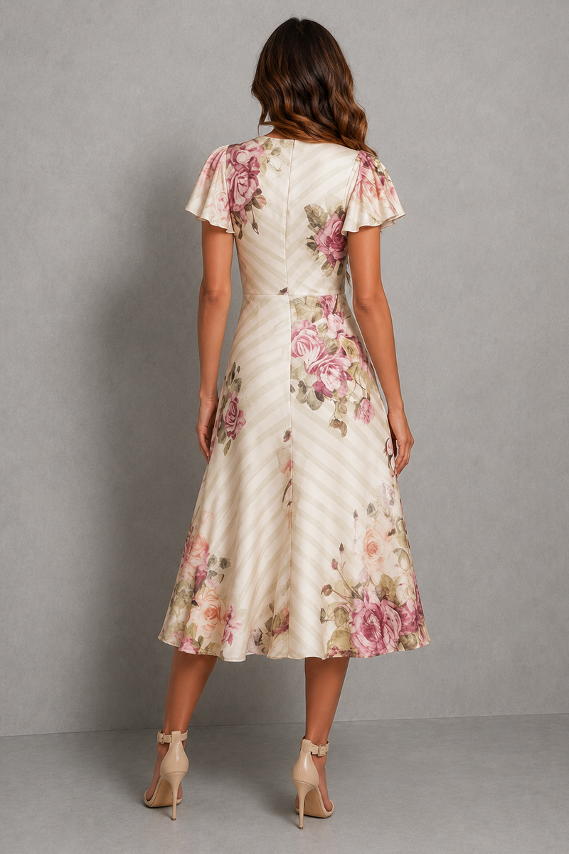 Women’s Floral Wrap Midi Dress with Flutter Sleeves for Wedding & Occasion Wear