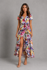 Women’s Floral Wrap Midi Dress with Tie Waist & Front Split for Summer Occasion Wear