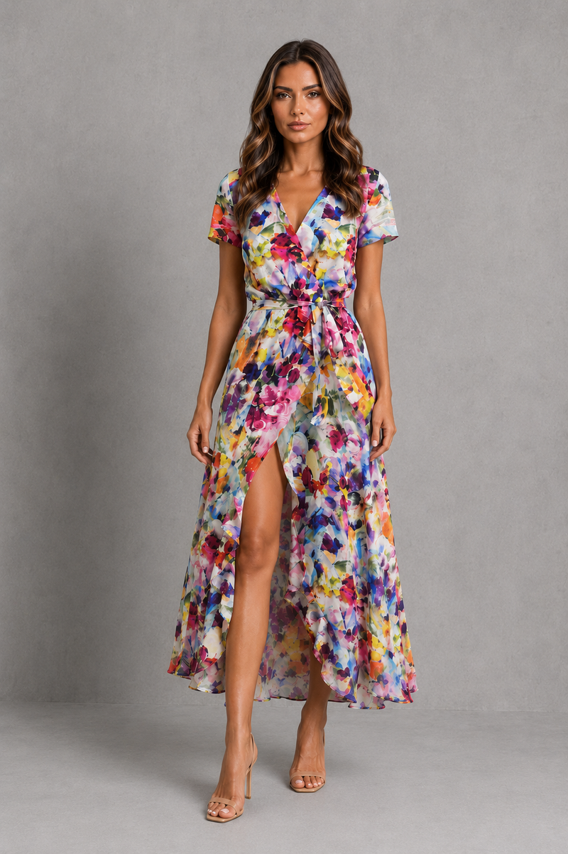 Women’s Floral Wrap Midi Dress with Tie Waist & Front Split for Summer Occasion Wear