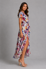 Women’s Floral Wrap Midi Dress with Tie Waist & Front Split for Summer Occasion Wear
