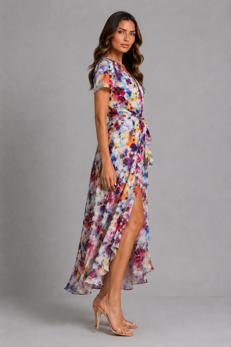 Women’s Floral Wrap Midi Dress with Tie Waist & Front Split for Summer Occasion Wear