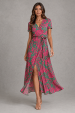 Women’s Floral Wrap Midi Dress with Tie Waist & Front Split for Summer Occasion Wear