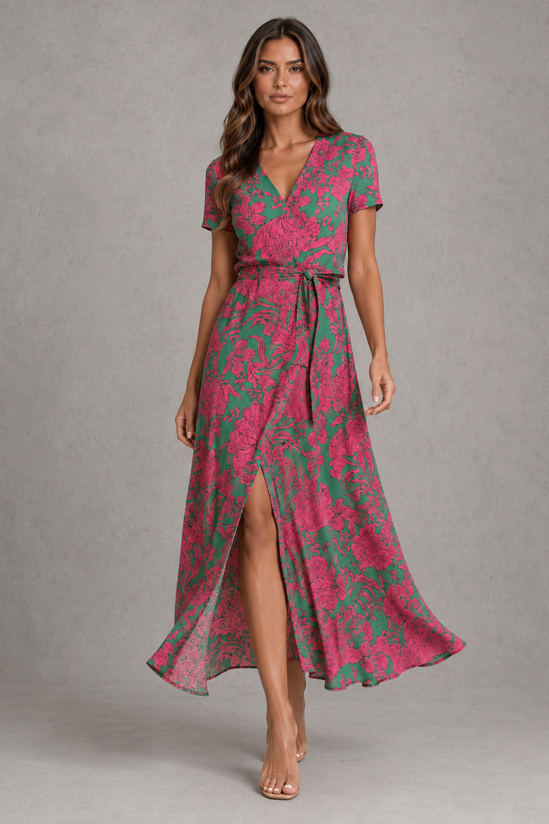 Women’s Floral Wrap Midi Dress with Tie Waist & Front Split for Summer Occasion Wear