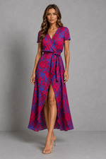 Women’s Floral Wrap Midi Dress with Tie Waist & Front Split for Summer Occasion Wear