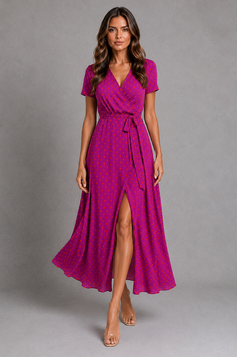 Women’s Floral Wrap Midi Dress with Tie Waist & Front Split for Summer Occasion Wear