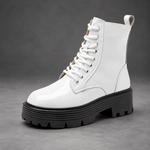 Women’s Patent Leather Platform Combat Boots – Lace-Up Side Zip Ankle Shoes – White – side angle view