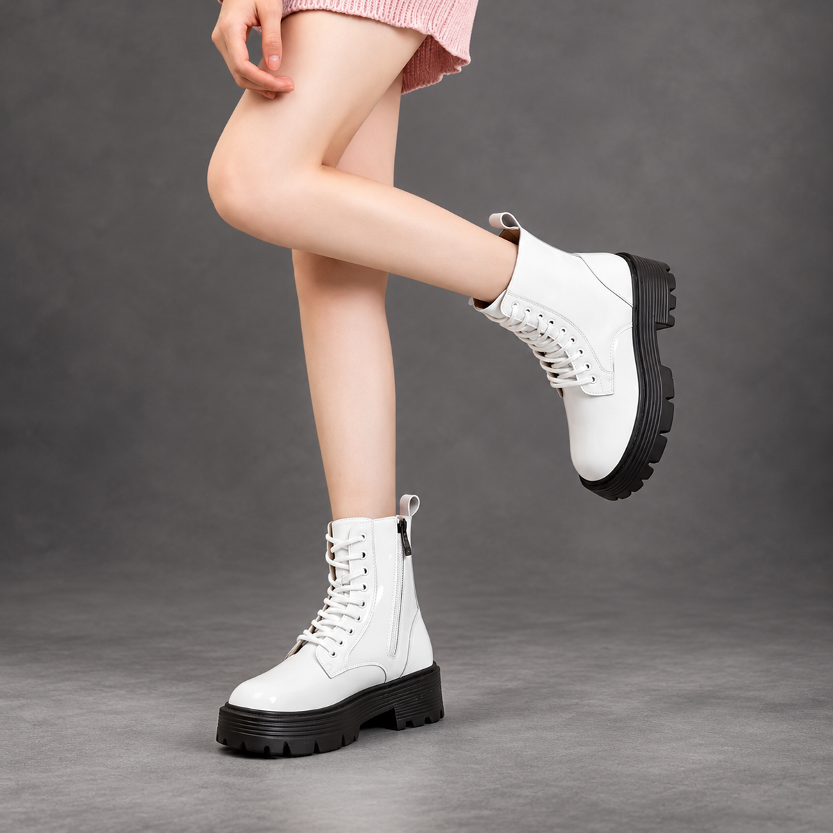 Women’s Patent Leather Platform Combat Boots – Lace-Up Side Zip Ankle Shoes – White – on-foot view