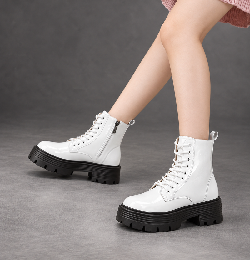 Women’s Patent Leather Platform Combat Boots – Lace-Up Side Zip Ankle Shoes – White – on-foot side zip view