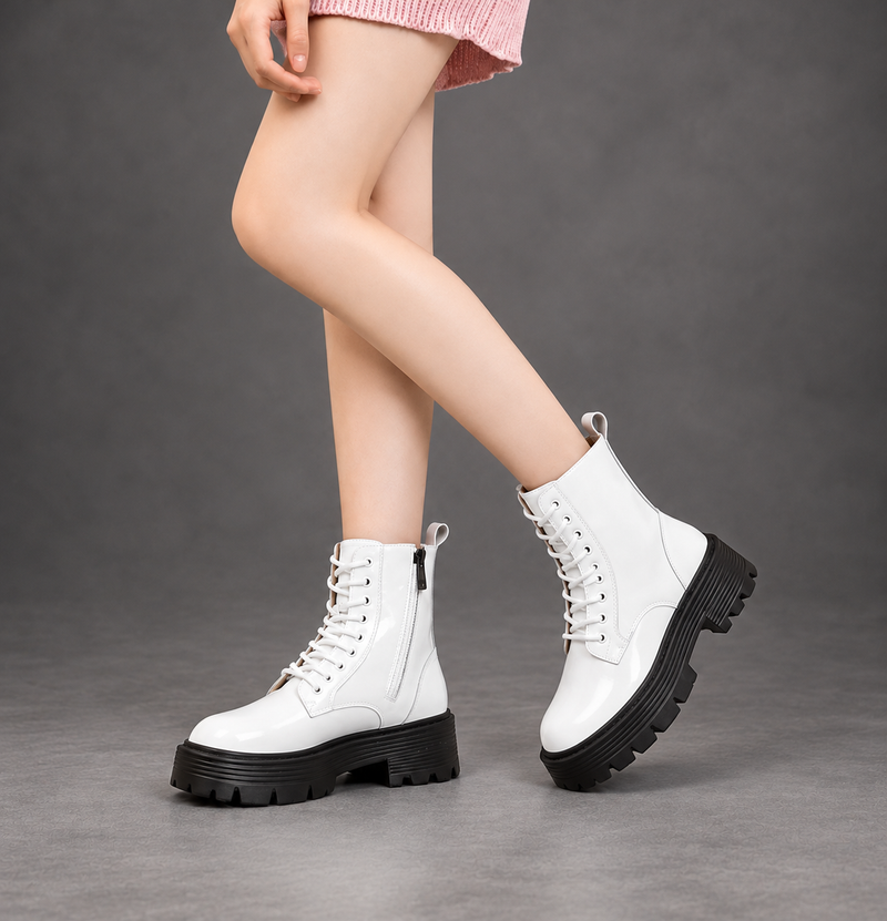 Women’s Patent Leather Platform Combat Boots – Lace-Up Side Zip Ankle Shoes – White – on-foot front view