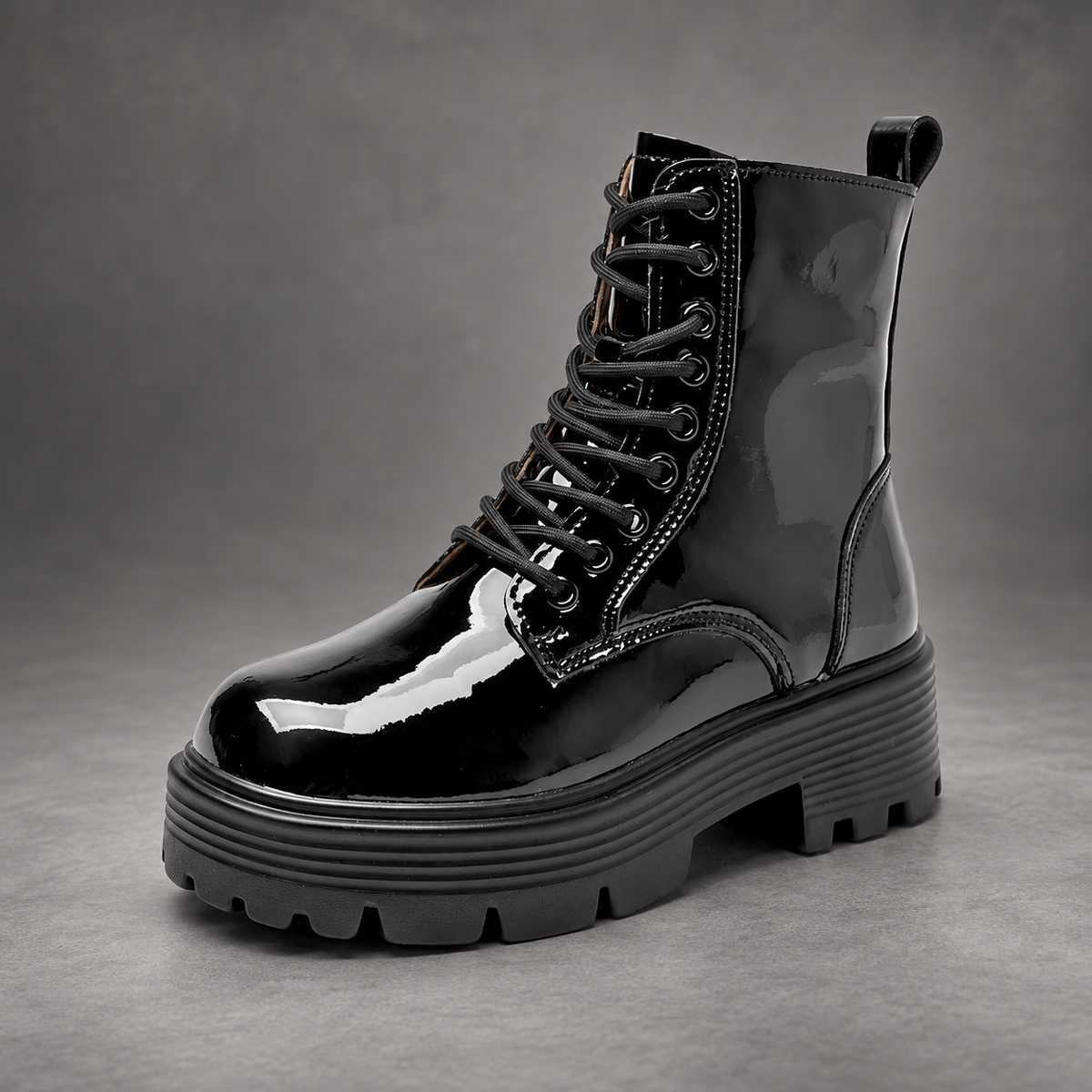 Women’s Patent Leather Platform Combat Boots – Lace-Up Side Zip Ankle Shoes – Black – side angle view