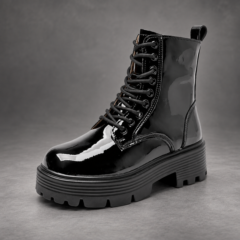 Women’s Patent Leather Platform Combat Boots – Lace-Up Side Zip Ankle Shoes – Black – side angle view