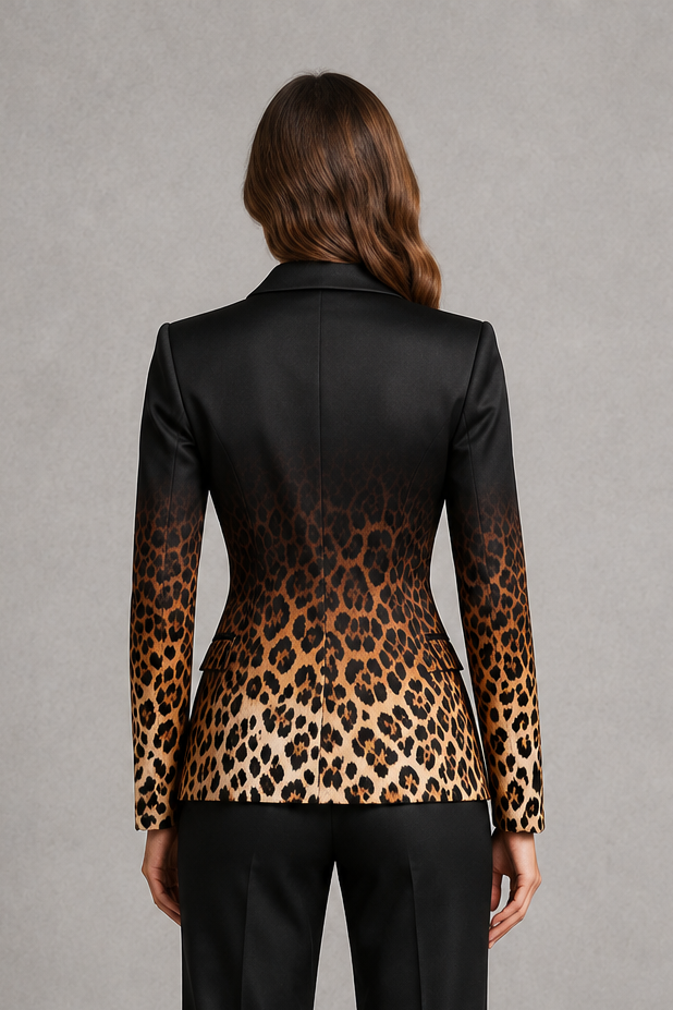 Women’s gradient leopard print blazer with long sleeves, a notched lapel collar, single-button fastening and tailored fit, ideal for work, smart casual outfits, evenings and special occasions.