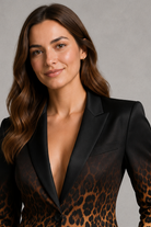 Women’s gradient leopard print blazer with long sleeves, a notched lapel collar, single-button fastening and tailored fit, ideal for work, smart casual outfits, evenings and special occasions.