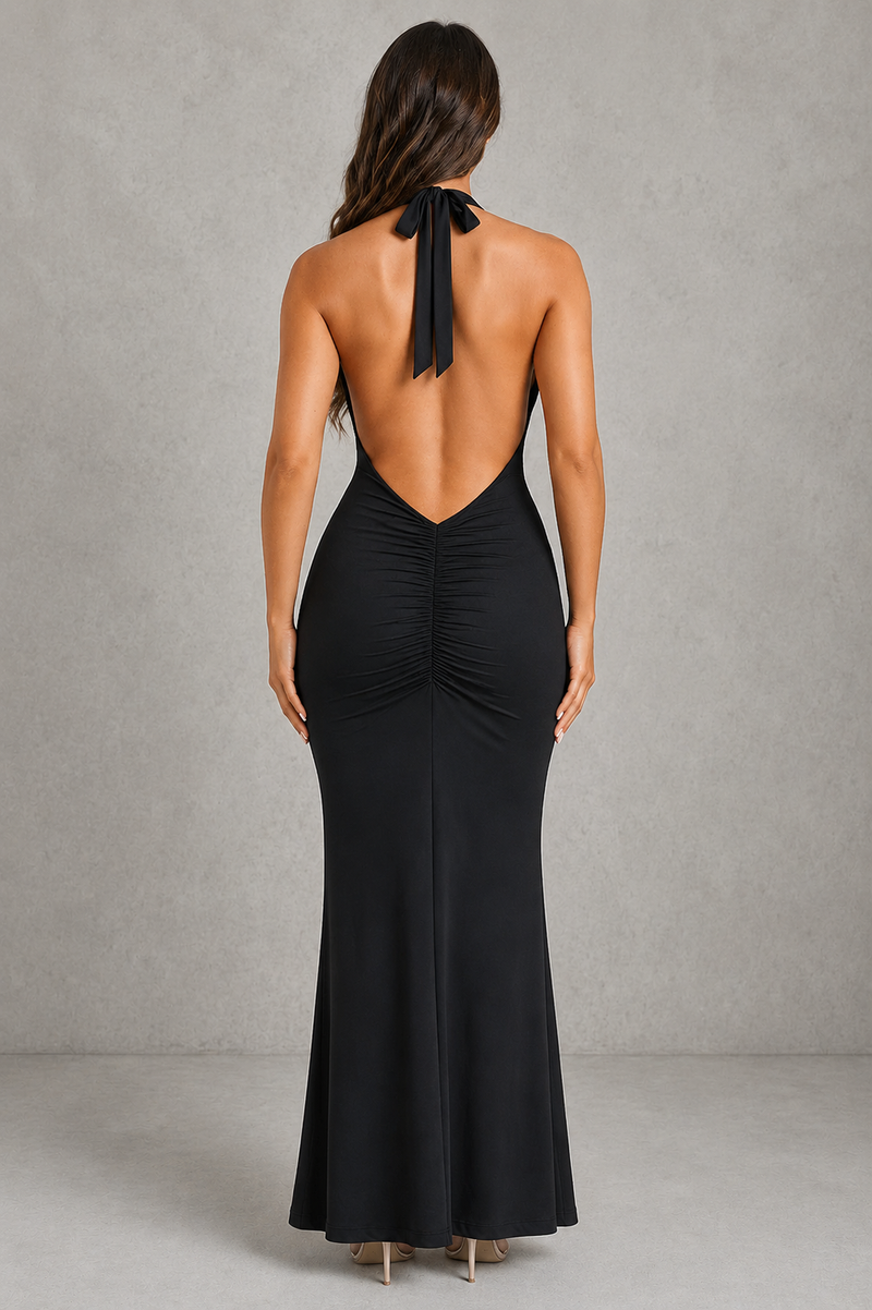 Women’s Halter Jersey Maxi Dress with Low Back for Evening & Formal Wear