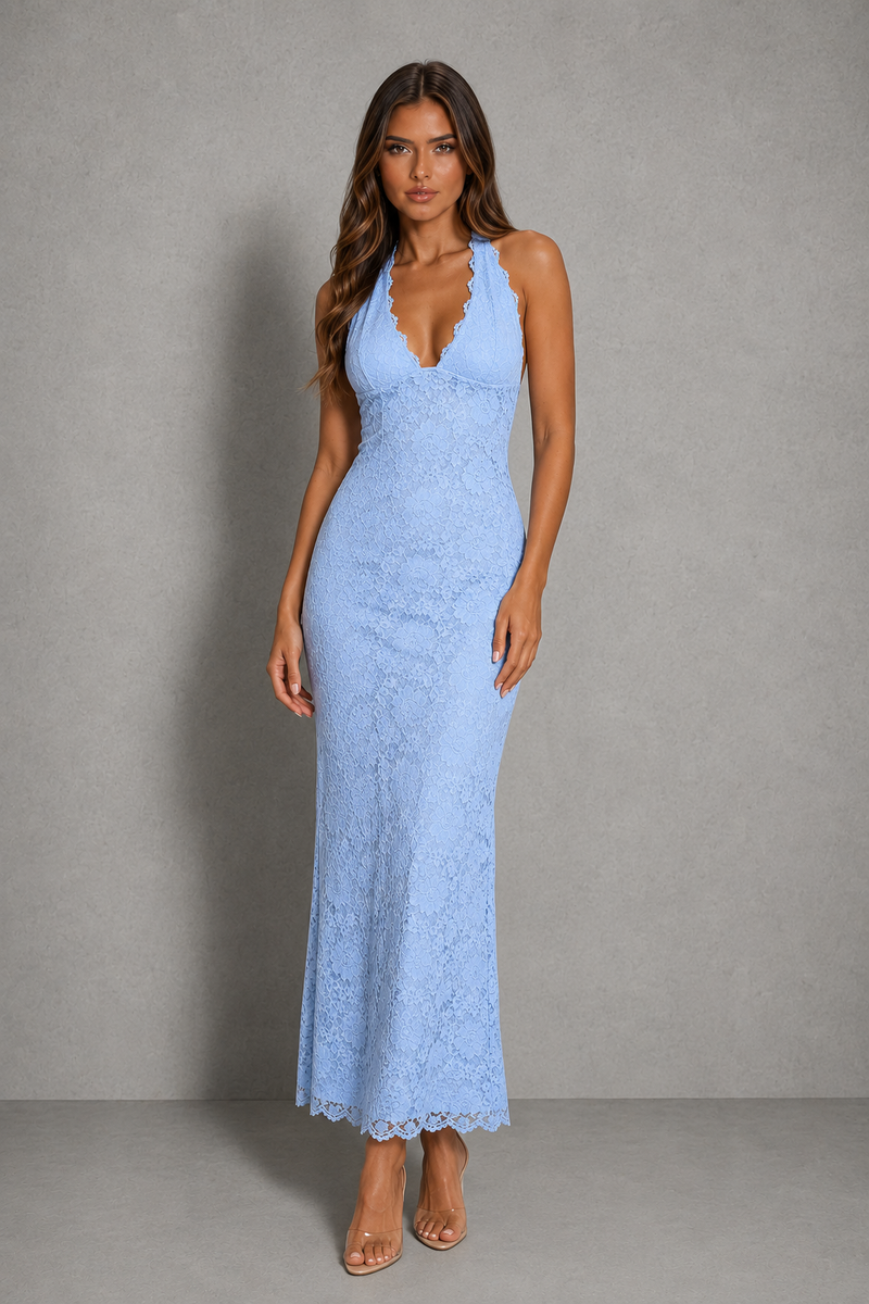 Women’s Halter Lace Maxi Dress with Open Back for Party & Evening Wear