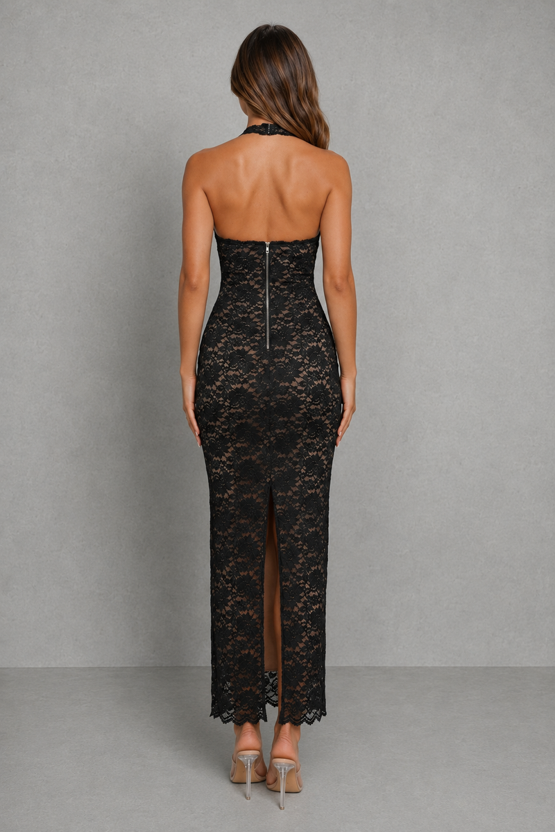 Women’s Halter Lace Maxi Dress with Open Back for Party & Evening Wear