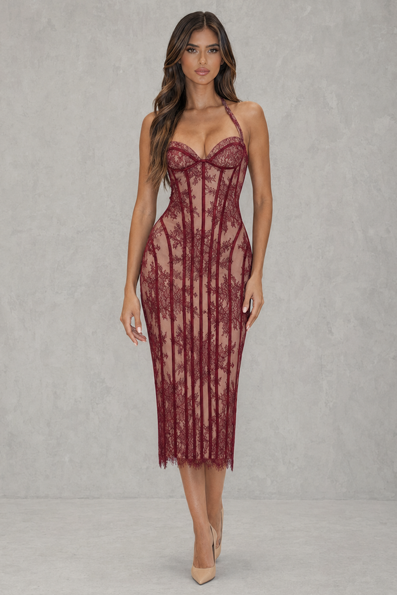 Women's Lace Corset Midi Dress - Wedding Guest, Cocktail & Formal Dress