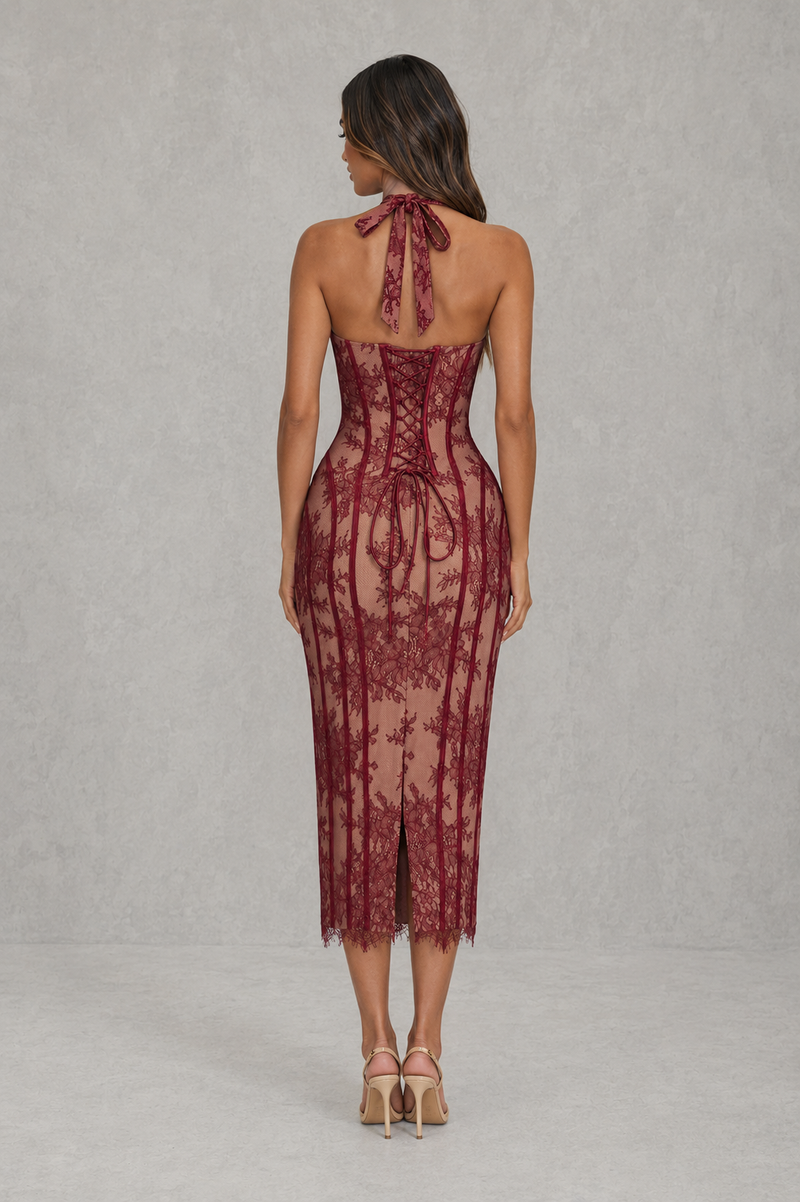 Women's Lace Corset Midi Dress - Wedding Guest, Cocktail & Formal Dress