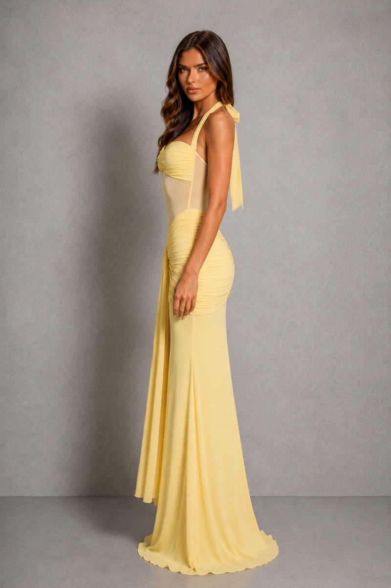 Women's Halter Mesh Maxi Dress with Sweetheart Neckline for Evening, Formal & Wedding Guest Wear