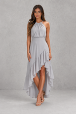 Women’s Halter Neck High-Low Maxi Dress with Ruffle Hem for Wedding & Occasion Wear
