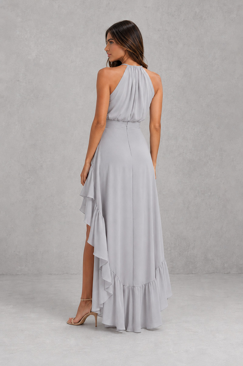 Women’s Halter Neck High-Low Maxi Dress with Ruffle Hem for Wedding & Occasion Wear