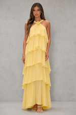 Women’s Halter Tiered Chiffon Maxi Dress with 3D Floral Detail for Holiday, Wedding & Evening Wear