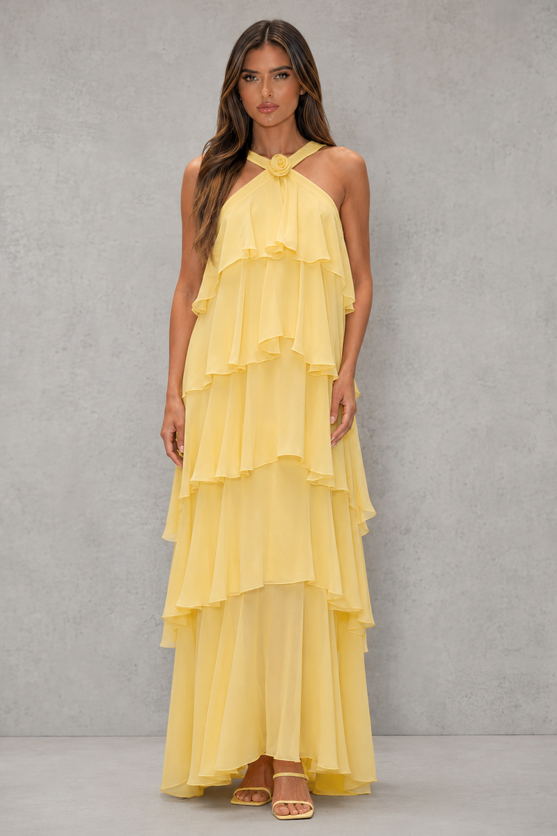 Women’s Halter Tiered Chiffon Maxi Dress with 3D Floral Detail for Holiday, Wedding & Evening Wear