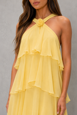 Women’s Halter Tiered Chiffon Maxi Dress with 3D Floral Detail for Holiday, Wedding & Evening Wear