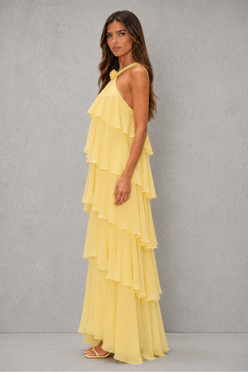 Women’s Halter Tiered Chiffon Maxi Dress with 3D Floral Detail for Holiday, Wedding & Evening Wear