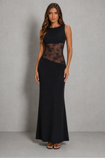 Women’s High Neck Maxi Dress with Lace Waist Panel & Open Back for Evening Wear