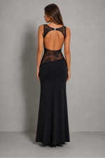 Women’s High Neck Maxi Dress with Lace Waist Panel & Open Back for Evening Wear
