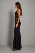 Women’s High Neck Maxi Dress with Lace Waist Panel & Open Back for Evening Wear