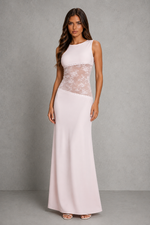 Women’s High Neck Maxi Dress with Lace Waist Panel & Open Back for Evening Wear