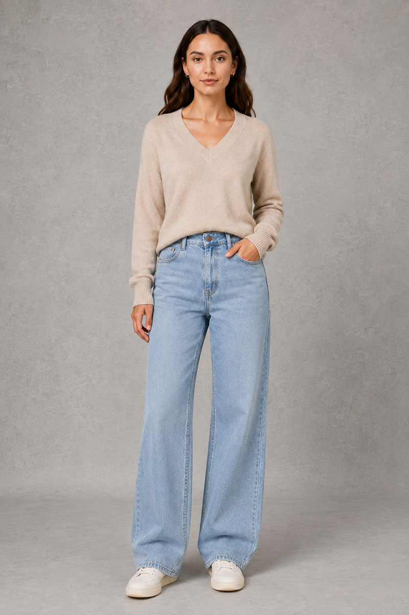 Women’s high waisted wide leg jeans in light wash denim with a relaxed straight leg, classic five-pocket design and button-and-zip fastening.