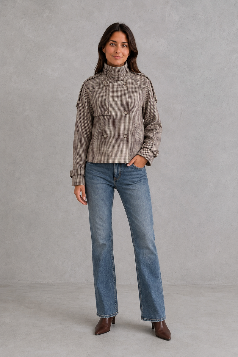 Women’s Houndstooth Button Coat – Elegant High Neck Woven Jacket